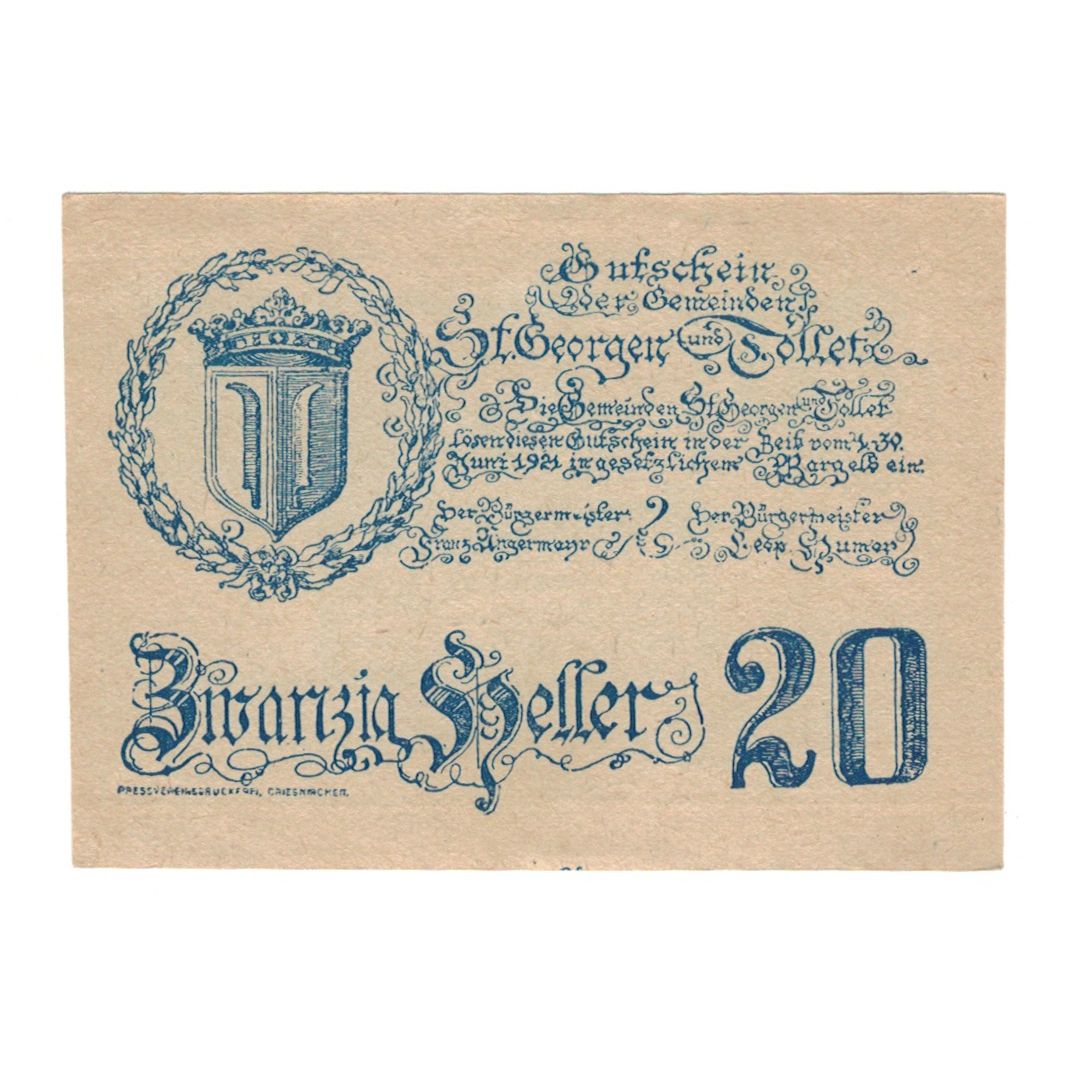 Banknote, Austria, St. Georgen und Tollet O.Ö. Gemeinden, 20 Heller, texte 1