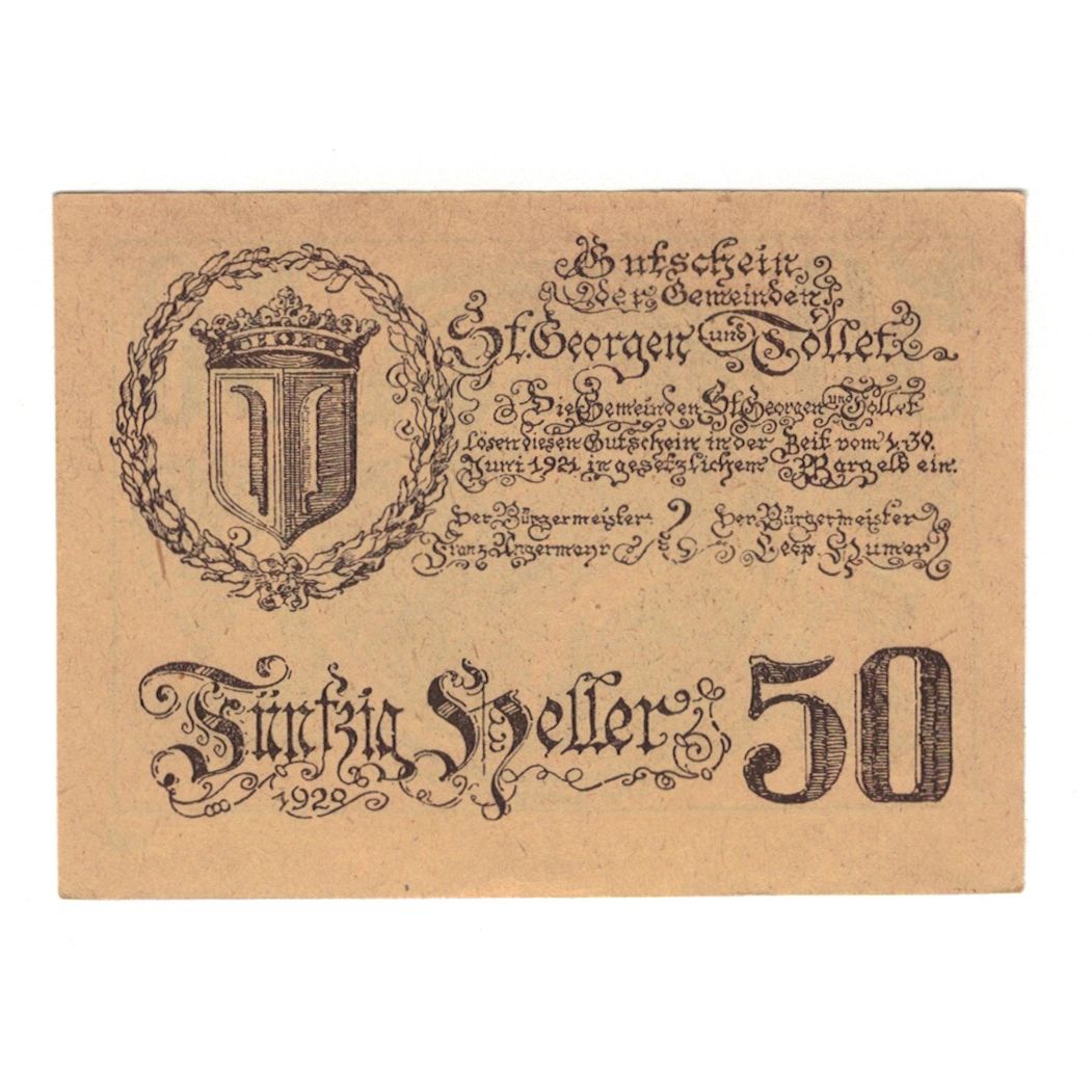 Banknote, Austria, St. Georgen und Tollet O.Ö. Gemeinden, 50 Heller, Texte