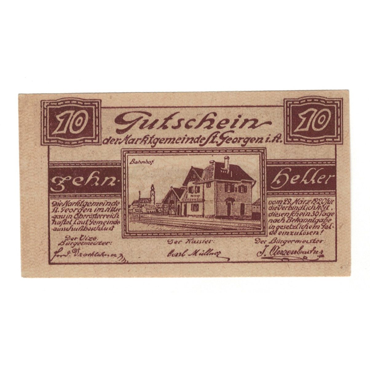 Banconote, Austria, St. Georgen im Attergau O.Ö. Marktgemeinde, 10 Heller