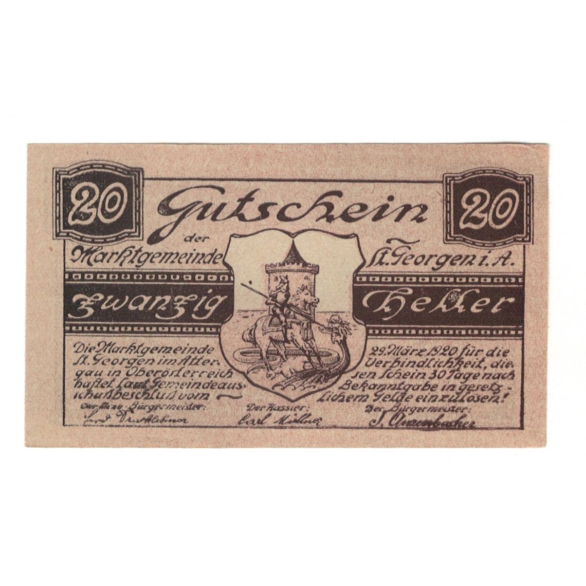 Banconote, Austria, St. Georgen im Attergau O.Ö. Marktgemeinde, 20 Heller