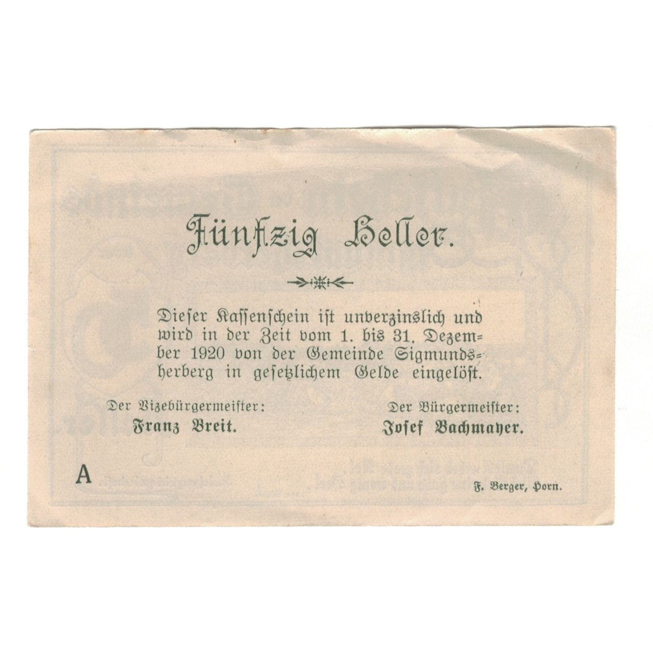 Nota, Áustria, Sigmundsherberg N.Ö. Gemeinde, 50 Heller, Texte, 1920
