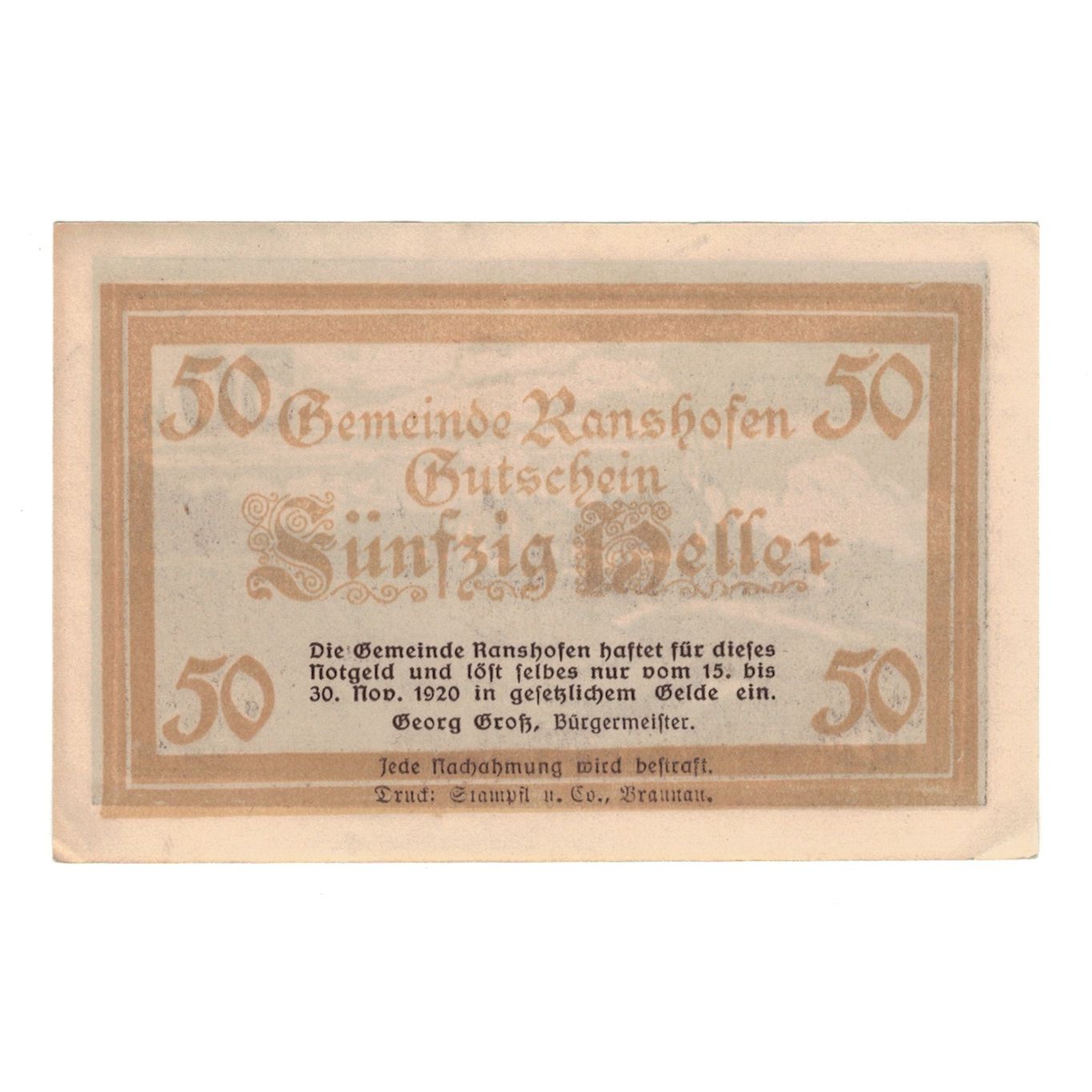 Banconote, Austria, Ranshofen O.Ö. Gemeinde, 50 Heller, paysage, 1920