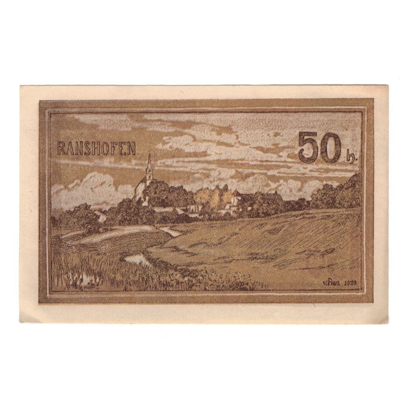 Banconote, Austria, Ranshofen O.Ö. Gemeinde, 50 Heller, paysage, 1920
