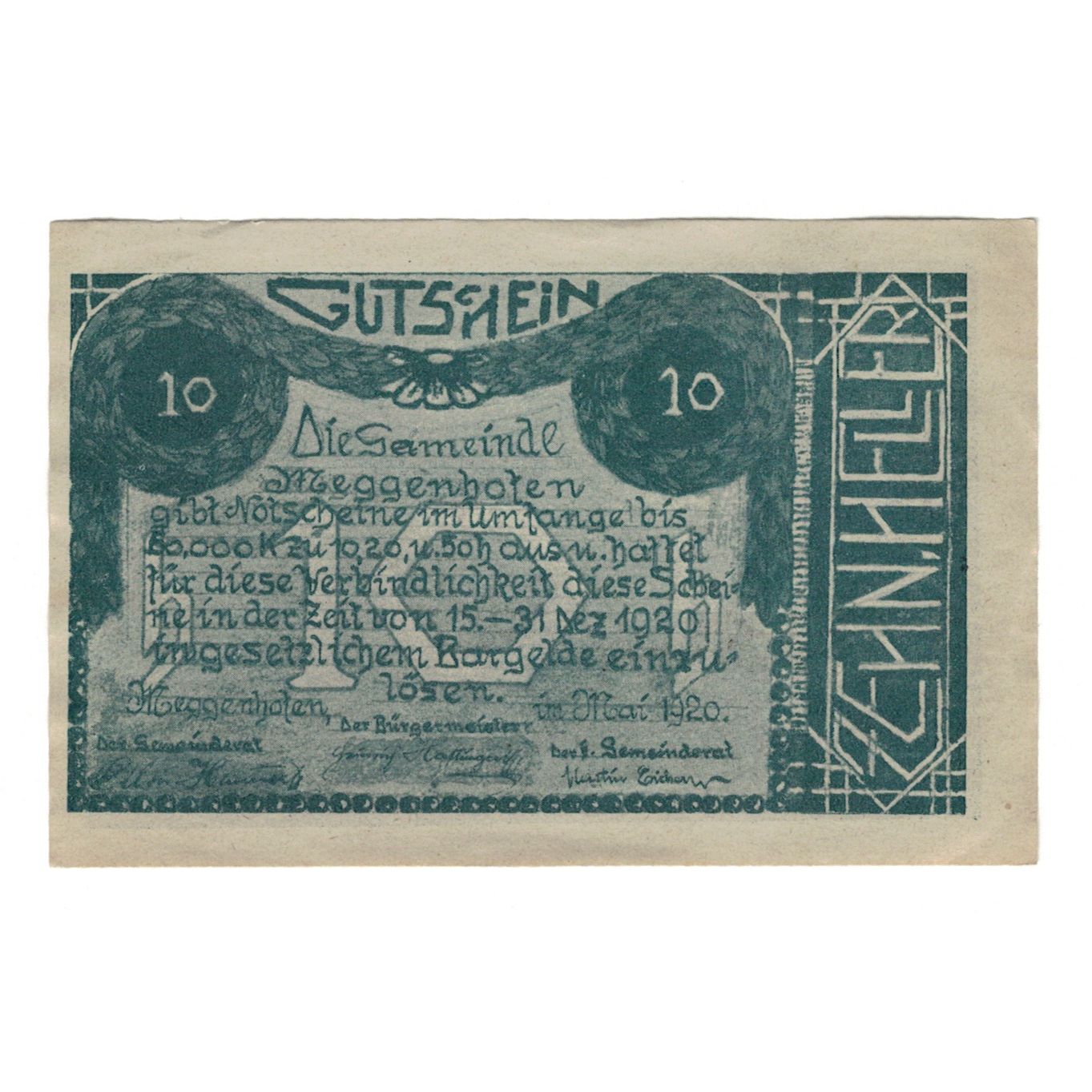 Billete, Austria, Meggenhofen O.Ö. Gemeinde, 10 Heller, charette, 1920