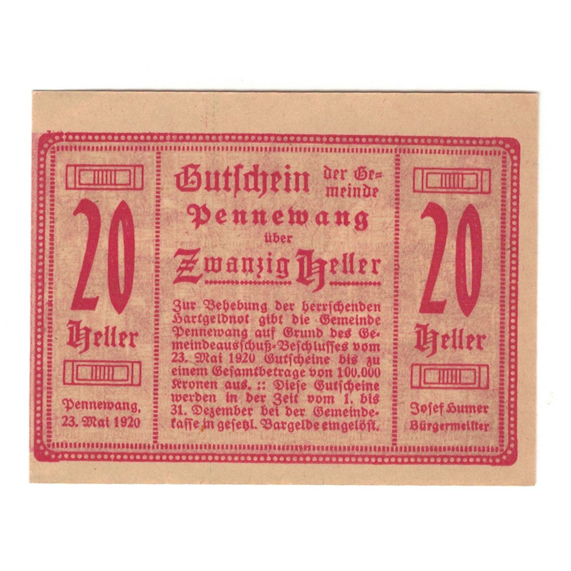 Banconote, Austria, Pennewang O.Ö. Gemeinde, 20 Heller, Batiment, 1920