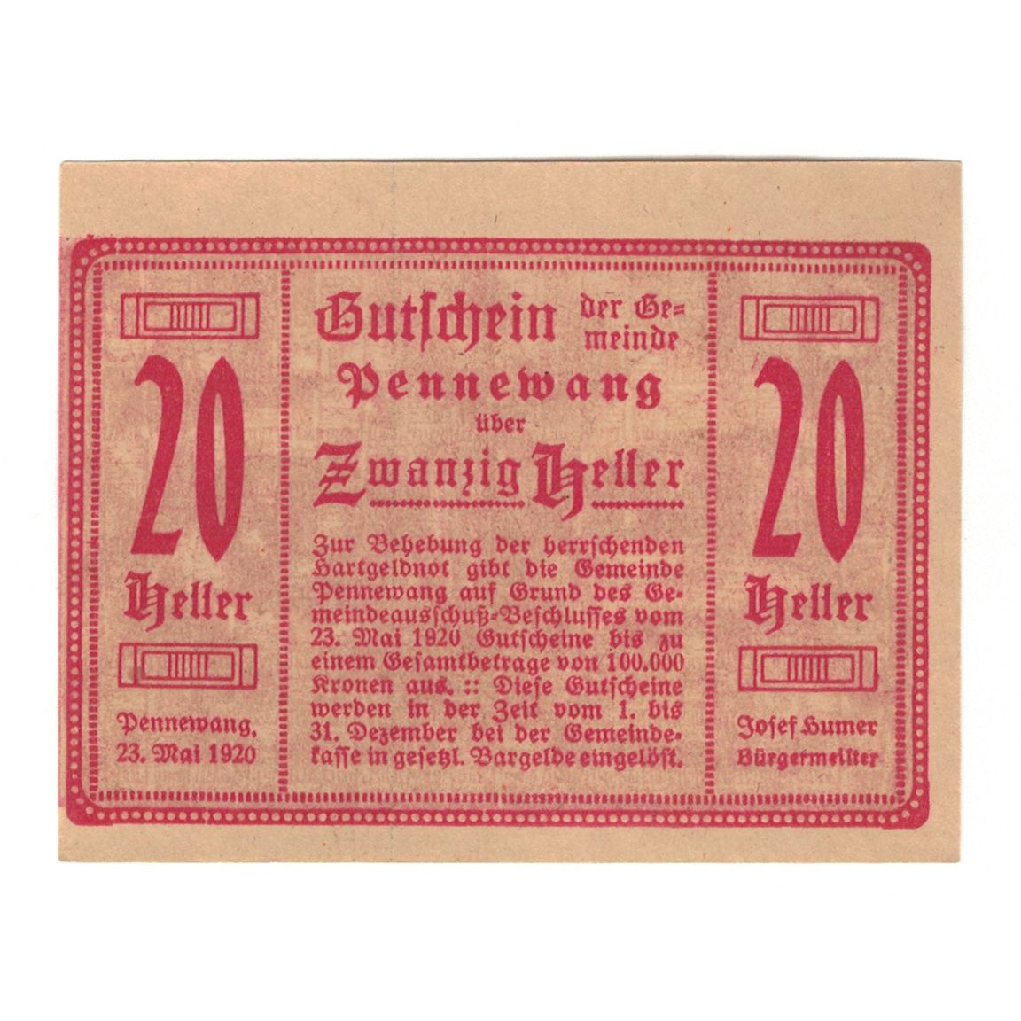 Billete, Austria, Pennewang O.Ö. Gemeinde, 20 Heller, batiment 1, 1920