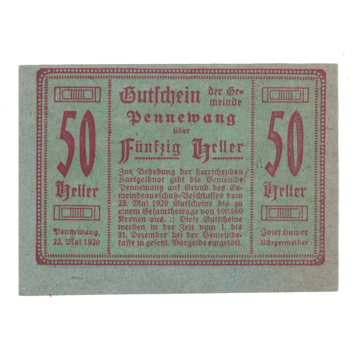 Billete, Austria, Pennewang O.Ö. Gemeinde, 50 Heller, Batiment, 1920