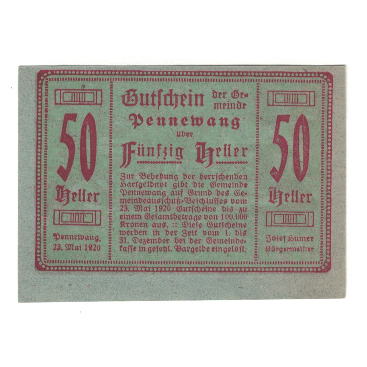 Banknote, Austria, Pennewang O.Ö. Gemeinde, 50 Heller, batiment 1, 1920