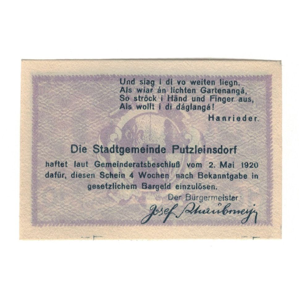 Billete, Austria, Putzleinsdorf O.Ö. Marktgemeinde, 10 Heller, Texte, 1920