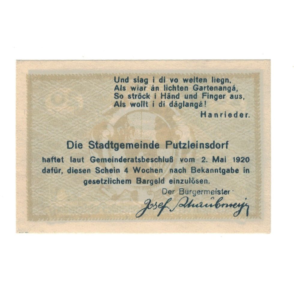 Nota, Áustria, Putzleinsdorf O.Ö. Marktgemeinde, 20 Heller, Texte, 1920