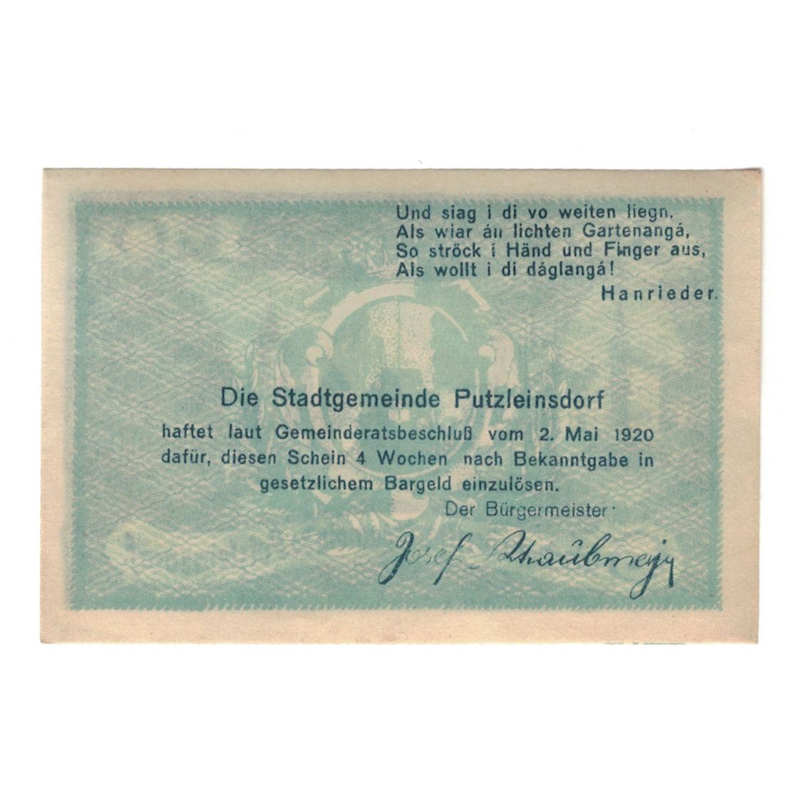 Banknote, Austria, Putzleinsdorf O.Ö. Marktgemeinde, 50 Heller, Texte, 1920