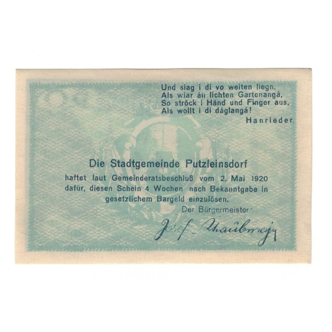 Banknote, Austria, Putzleinsdorf O.Ö. Marktgemeinde, 50 Heller, texte 1, 1920