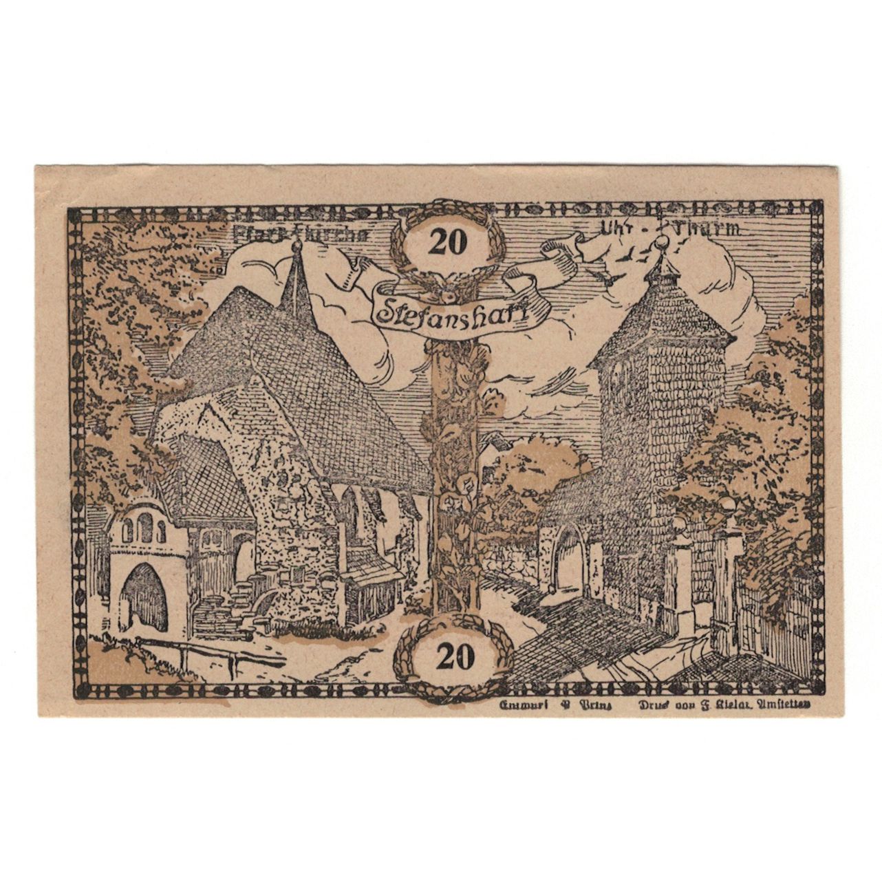 Banknote, Austria, Stefanshart Bezirk Amstetten N.Ö. Gemeinde, 20 Heller, texte