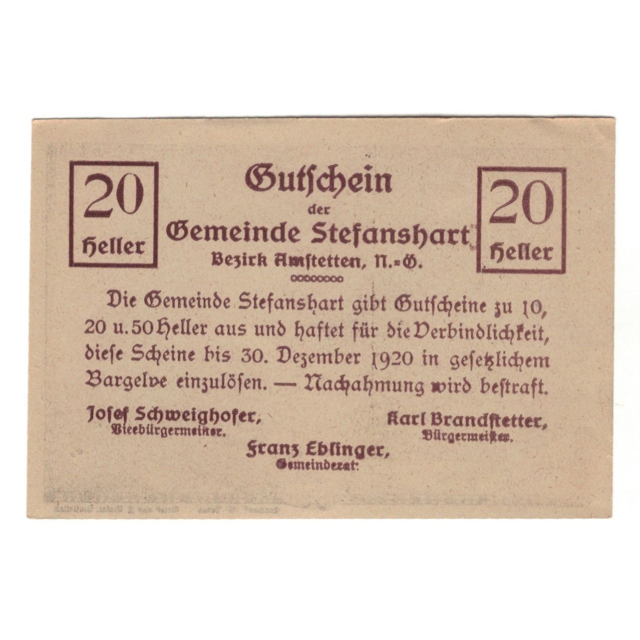 Banknote, Austria, Stefanshart Bezirk Amstetten N.Ö. Gemeinde, 20 Heller, texte