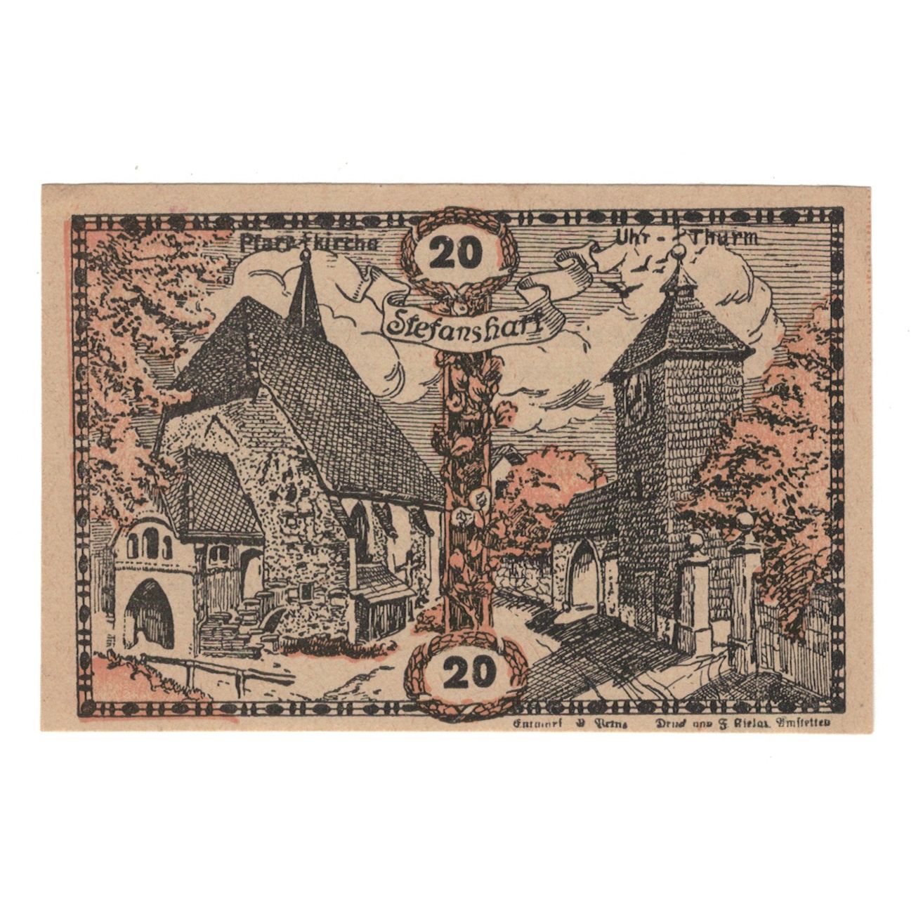 Banknote, Austria, Stefanshart Bezirk Amstetten N.Ö. Gemeinde, 20 Heller, Texte