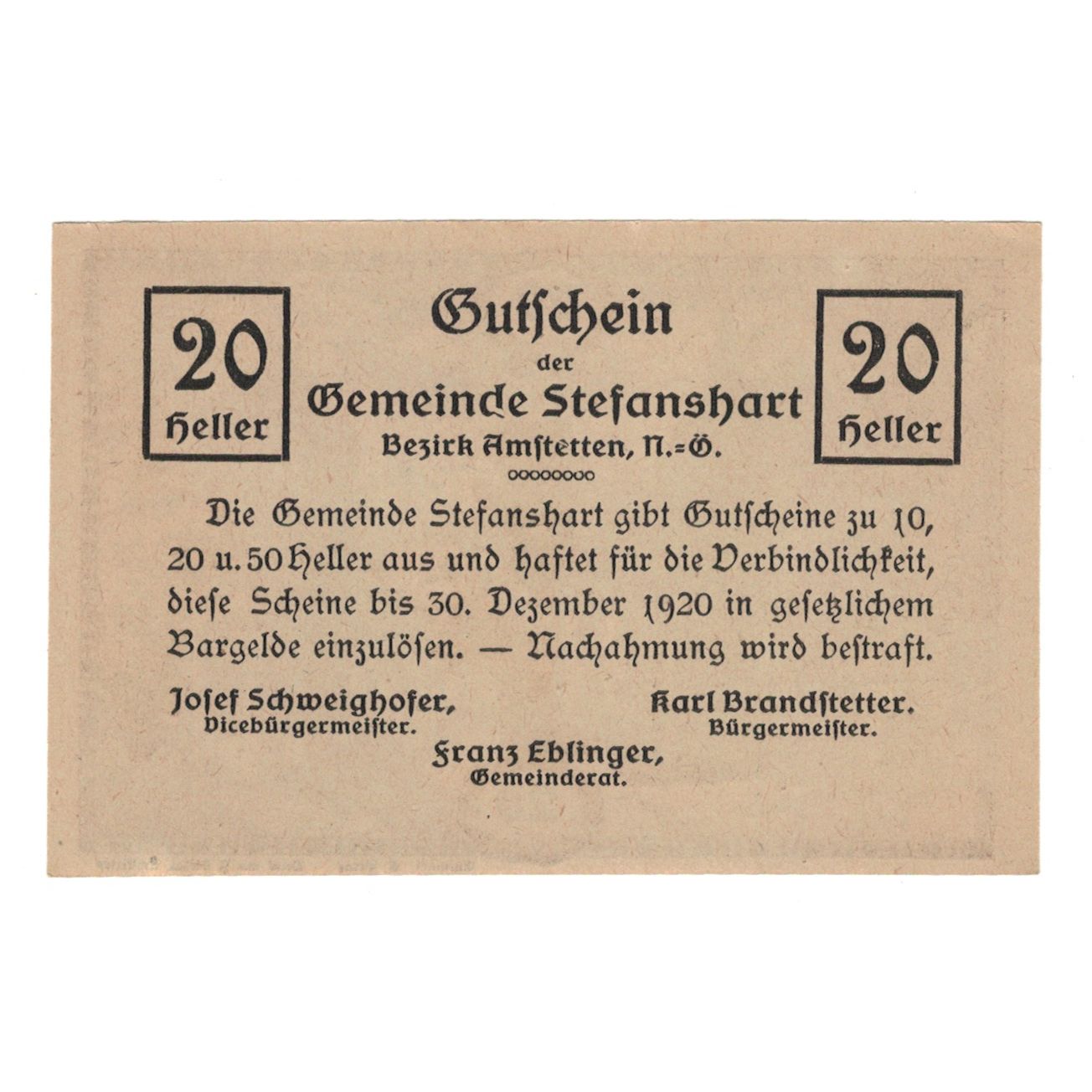 Banknote, Austria, Stefanshart Bezirk Amstetten N.Ö. Gemeinde, 20 Heller, Texte