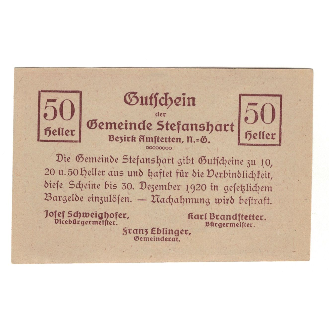 Banknote, Austria, Stefanshart Bezirk Amstetten N.Ö. Gemeinde, 50 Heller, texte