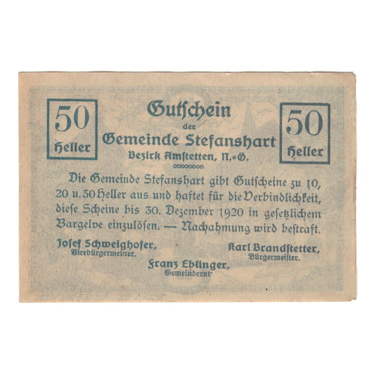 Banknote, Austria, Stefanshart Bezirk Amstetten N.Ö. Gemeinde, 50 Heller, Texte