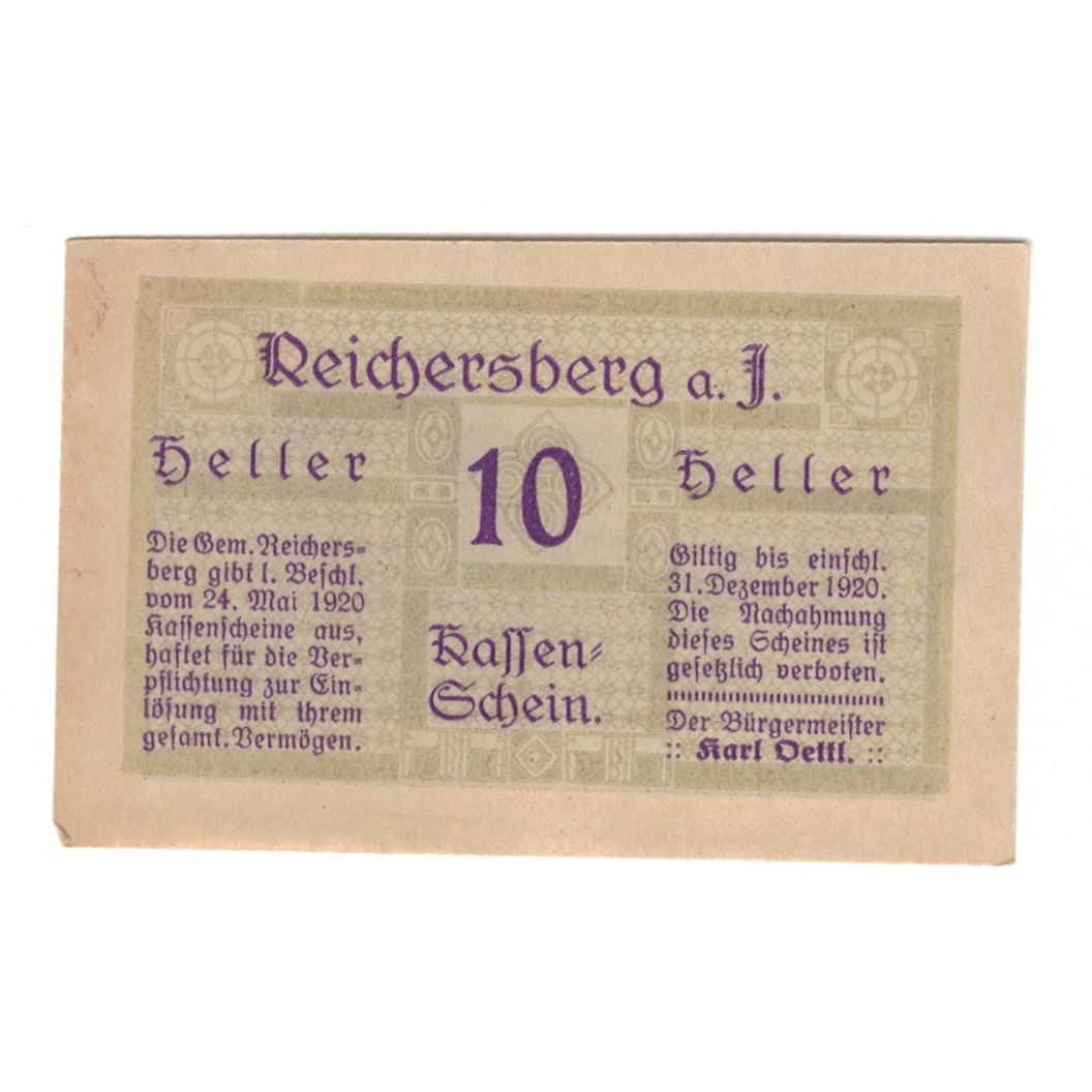Banknote, Austria, Reichersberg O.Ö. Gemeinde, 10 Heller, paysage, 1920