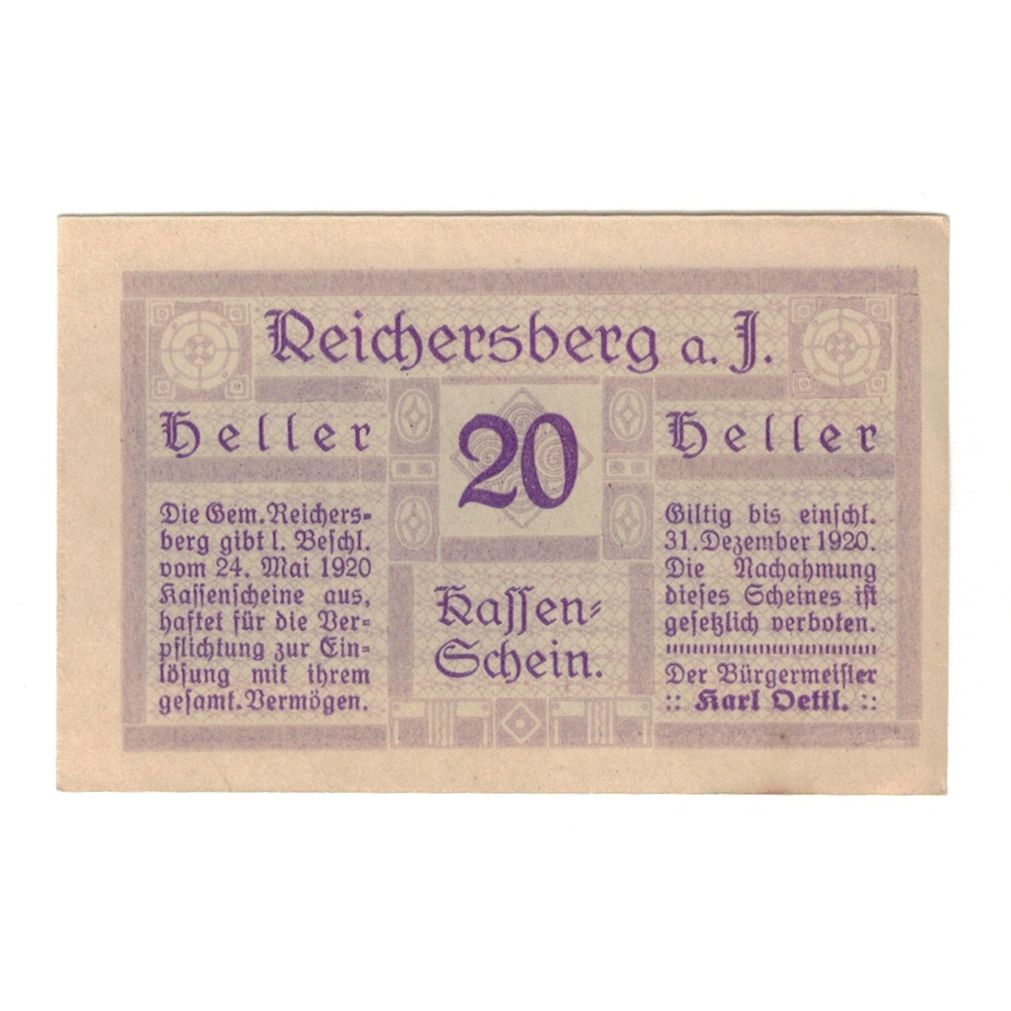Banknote, Austria, Reichersberg O.Ö. Gemeinde, 20 Heller, paysage 1, 1920