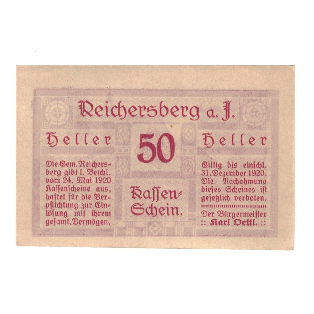 Banknote, Austria, Reichersberg O.Ö. Gemeinde, 50 Heller, paysage, 1920