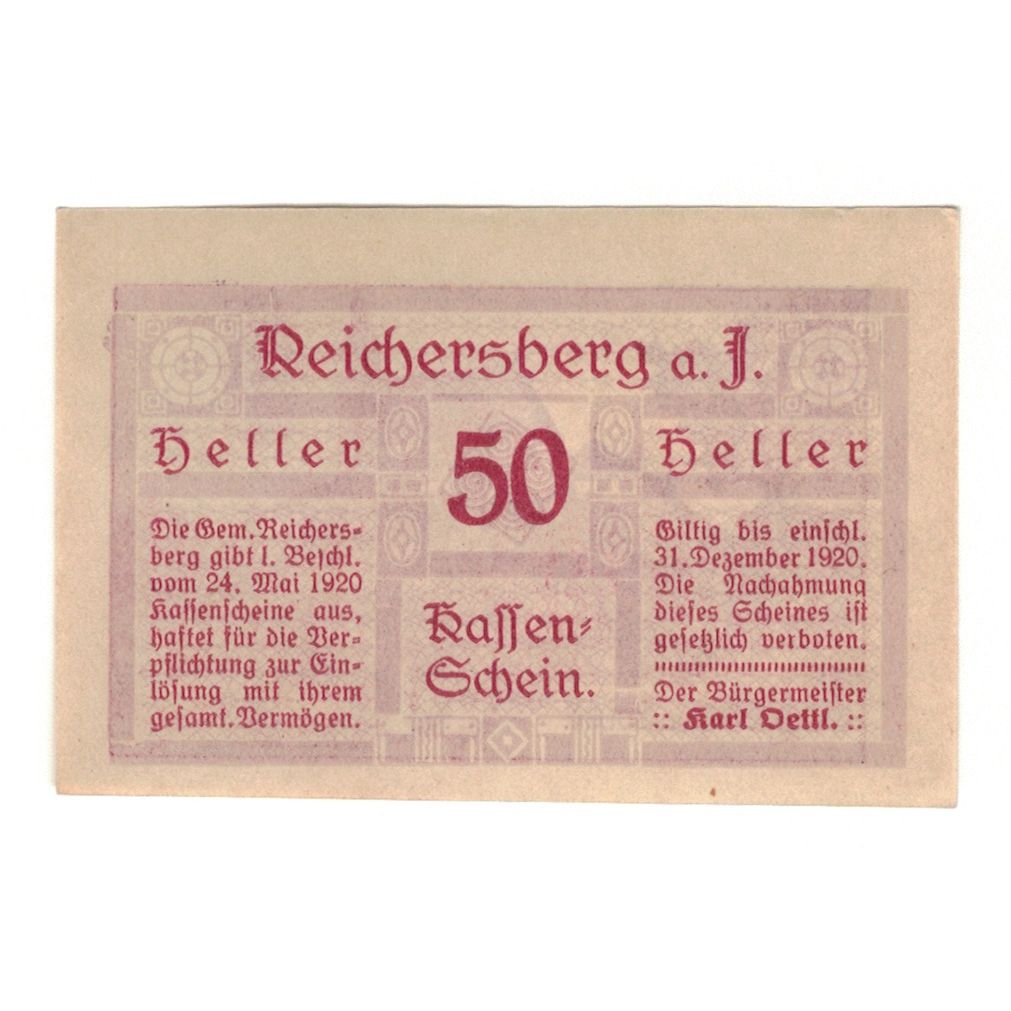Banknote, Austria, Reichersberg O.Ö. Gemeinde, 50 Heller, paysage 1, 1920