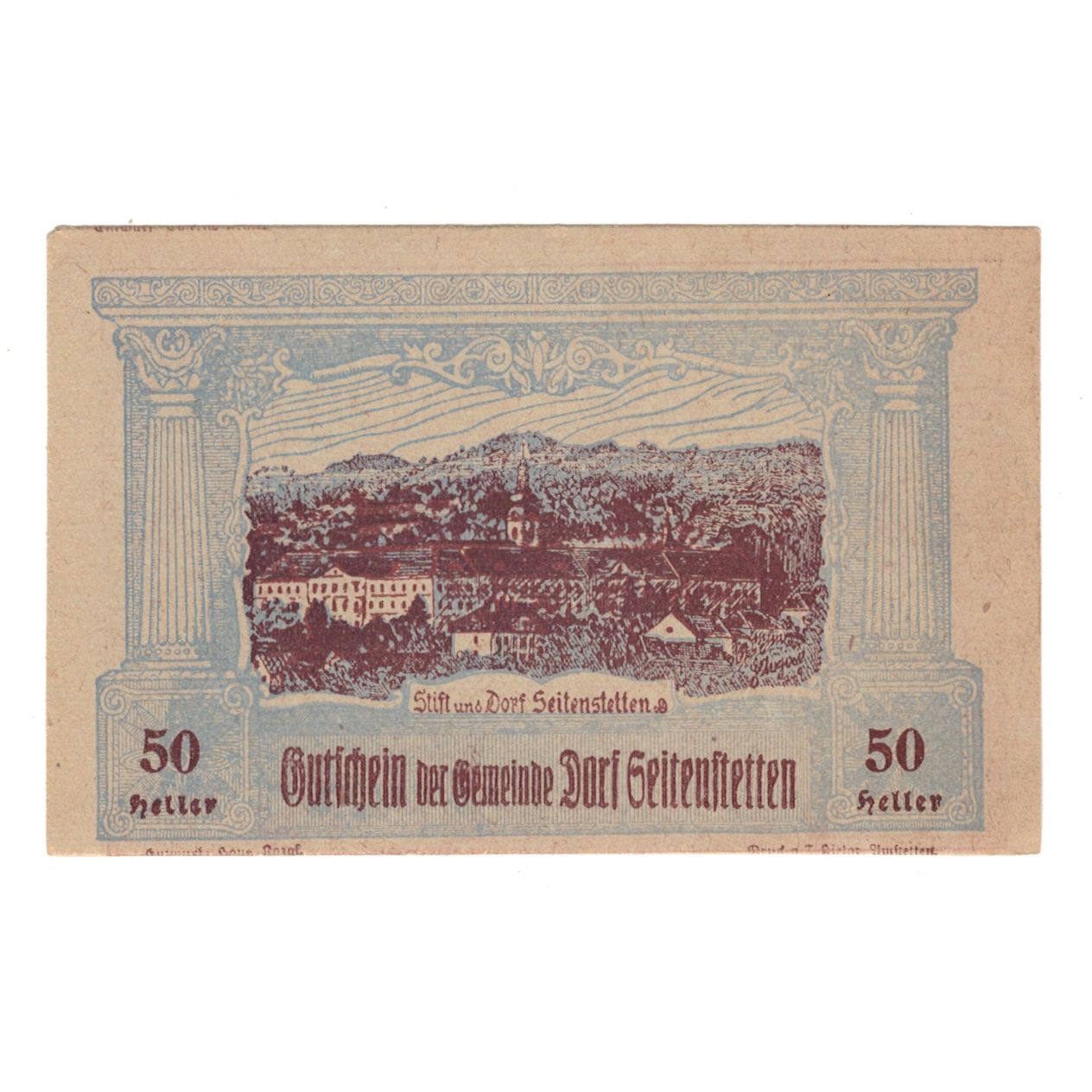 Banknote, Austria, Seitenstetten Dorf N.Ö. Gemeinde, 50 Heller, Monument, 1920