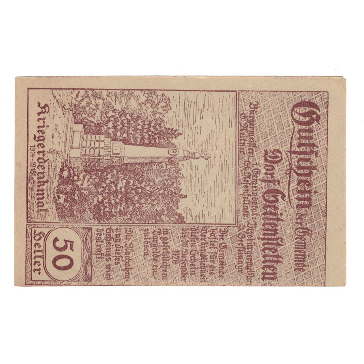 Banknote, Austria, Seitenstetten Dorf N.Ö. Gemeinde, 50 Heller, Monument, 1920
