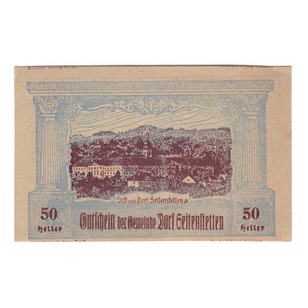 Banknote, Austria, Seitenstetten Dorf N.Ö. Gemeinde, 50 Heller, monument 1
