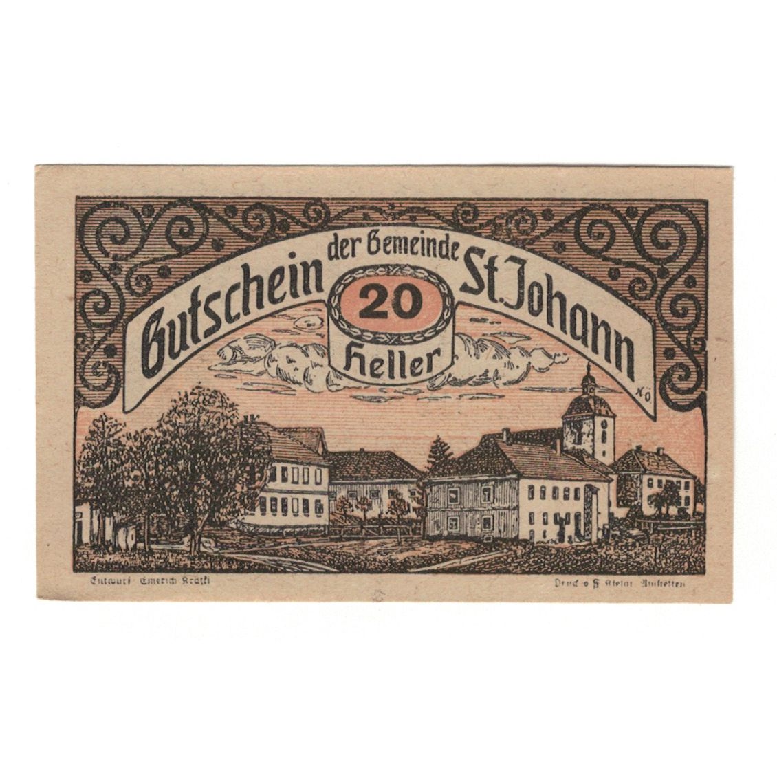 Banknote, Austria, St. Johann in Engstetten N.Ö. Gemeinde, 20 Heller, texte 1