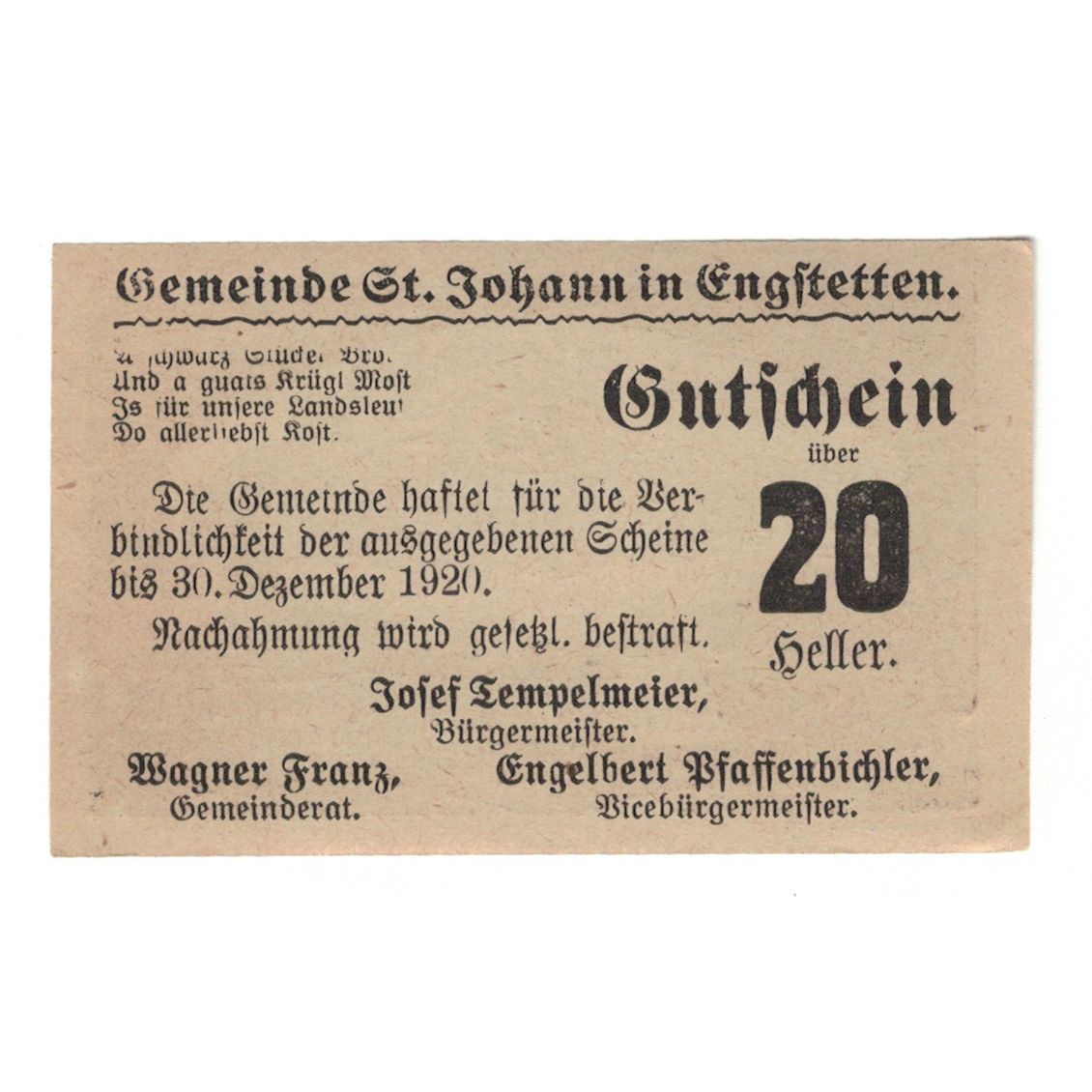 Banknote, Austria, St. Johann in Engstetten N.Ö. Gemeinde, 20 Heller, texte 1