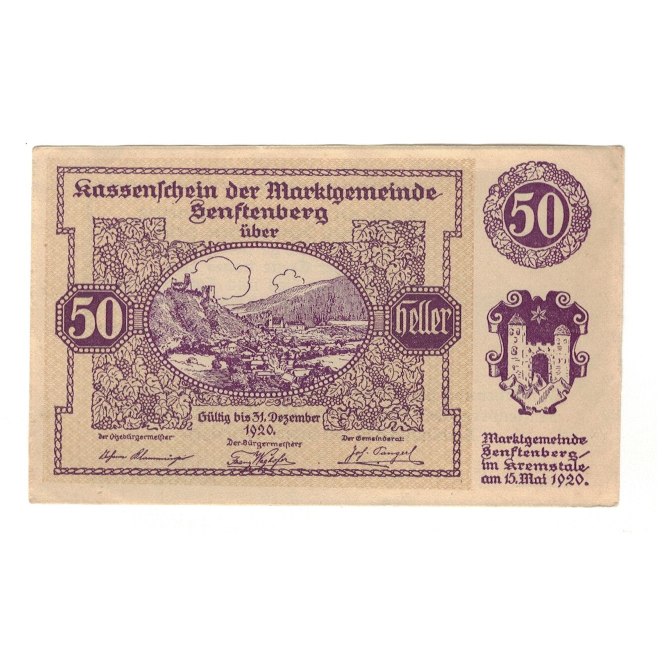 Banknote, Austria, Senftenberg N.Ö. Gemeinde, 50 Heller, Texte, 1920