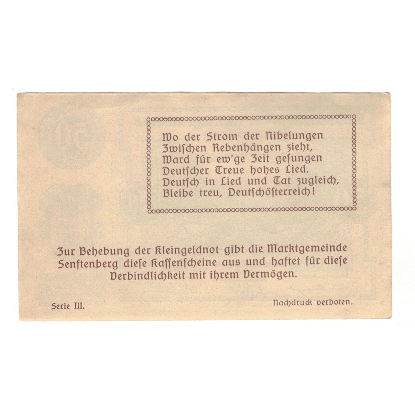 Banknote, Austria, Senftenberg N.Ö. Gemeinde, 50 Heller, Texte, 1920