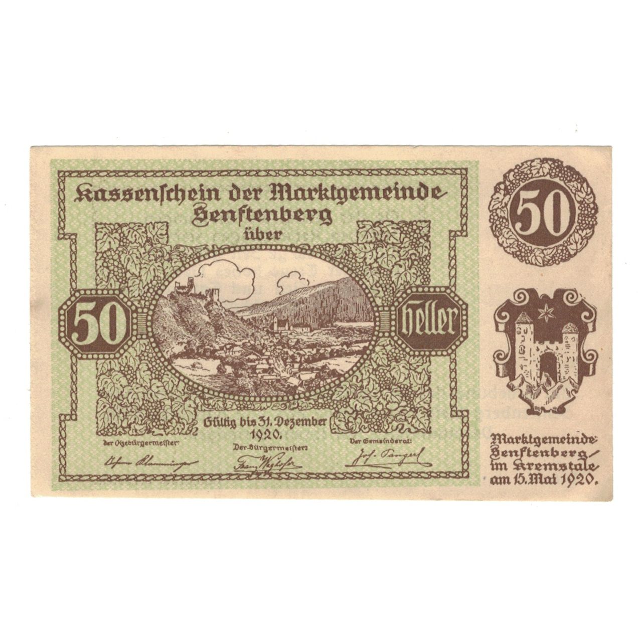 Billete, Austria, Senftenberg N.Ö. Gemeinde, 50 Heller, texte 1, 1920