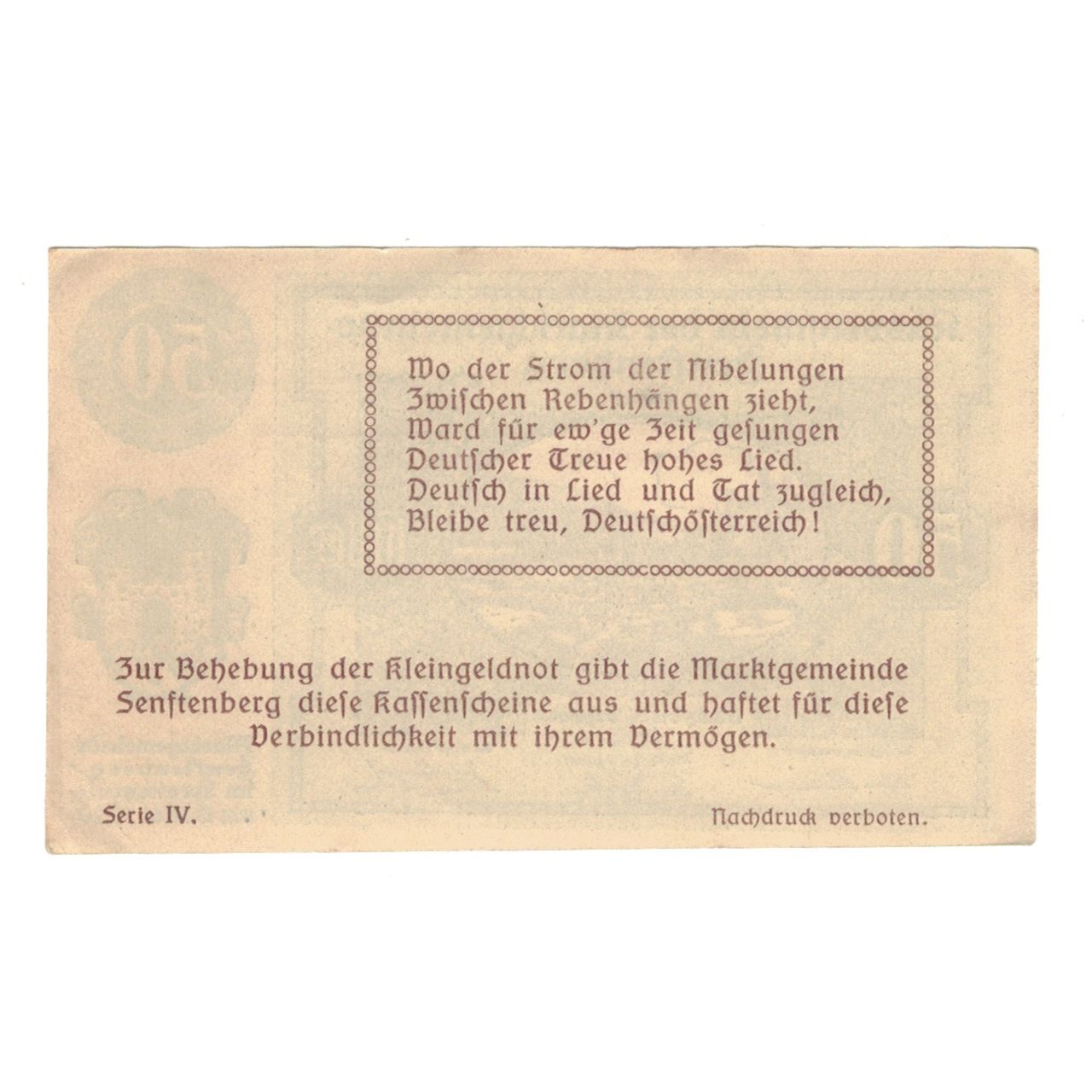 Billete, Austria, Senftenberg N.Ö. Gemeinde, 50 Heller, texte 1, 1920