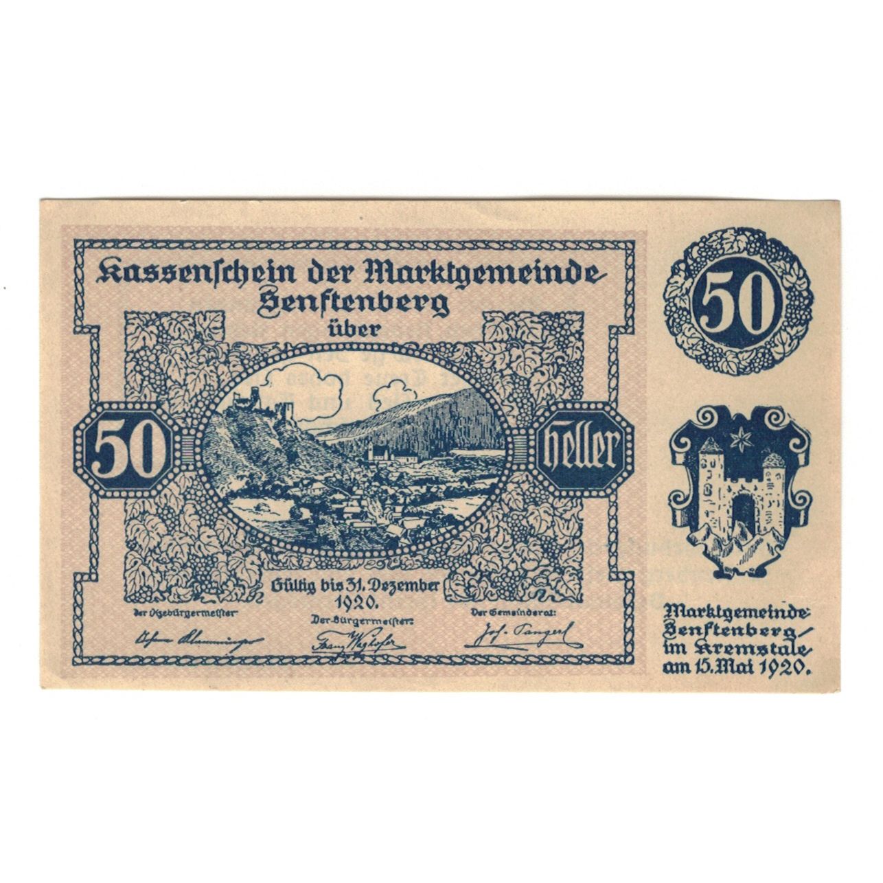 Banknote, Austria, Senftenberg N.Ö. Gemeinde, 50 Heller, Texte 2, 1920