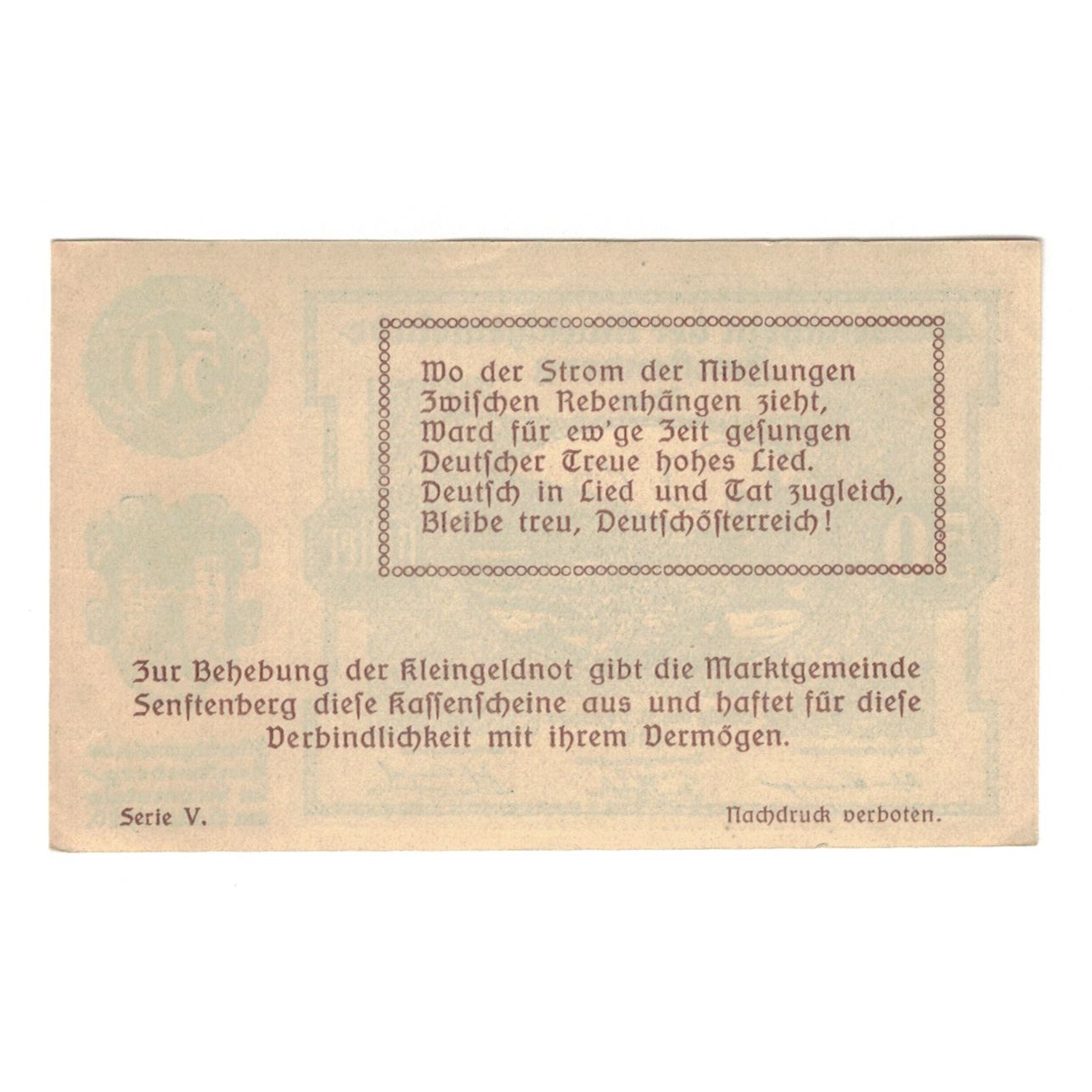 Banknote, Austria, Senftenberg N.Ö. Gemeinde, 50 Heller, Texte 2, 1920