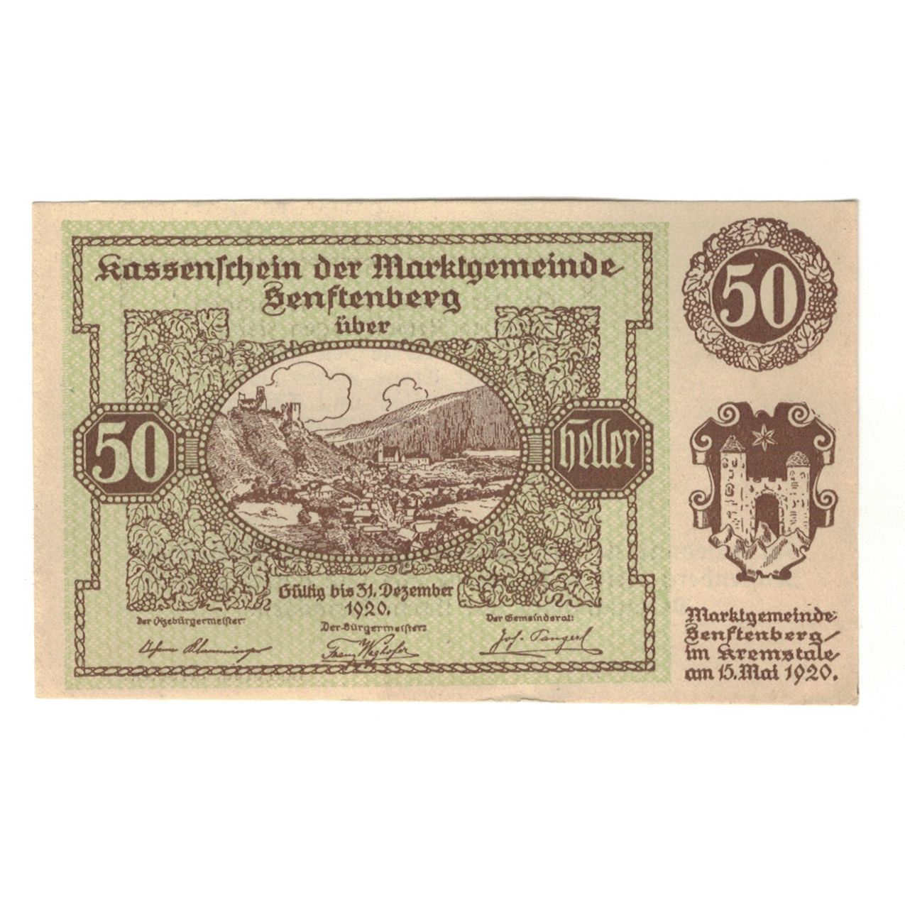 Banknote, Austria, Senftenberg N.Ö. Gemeinde, 50 Heller, Texte 3, 1920