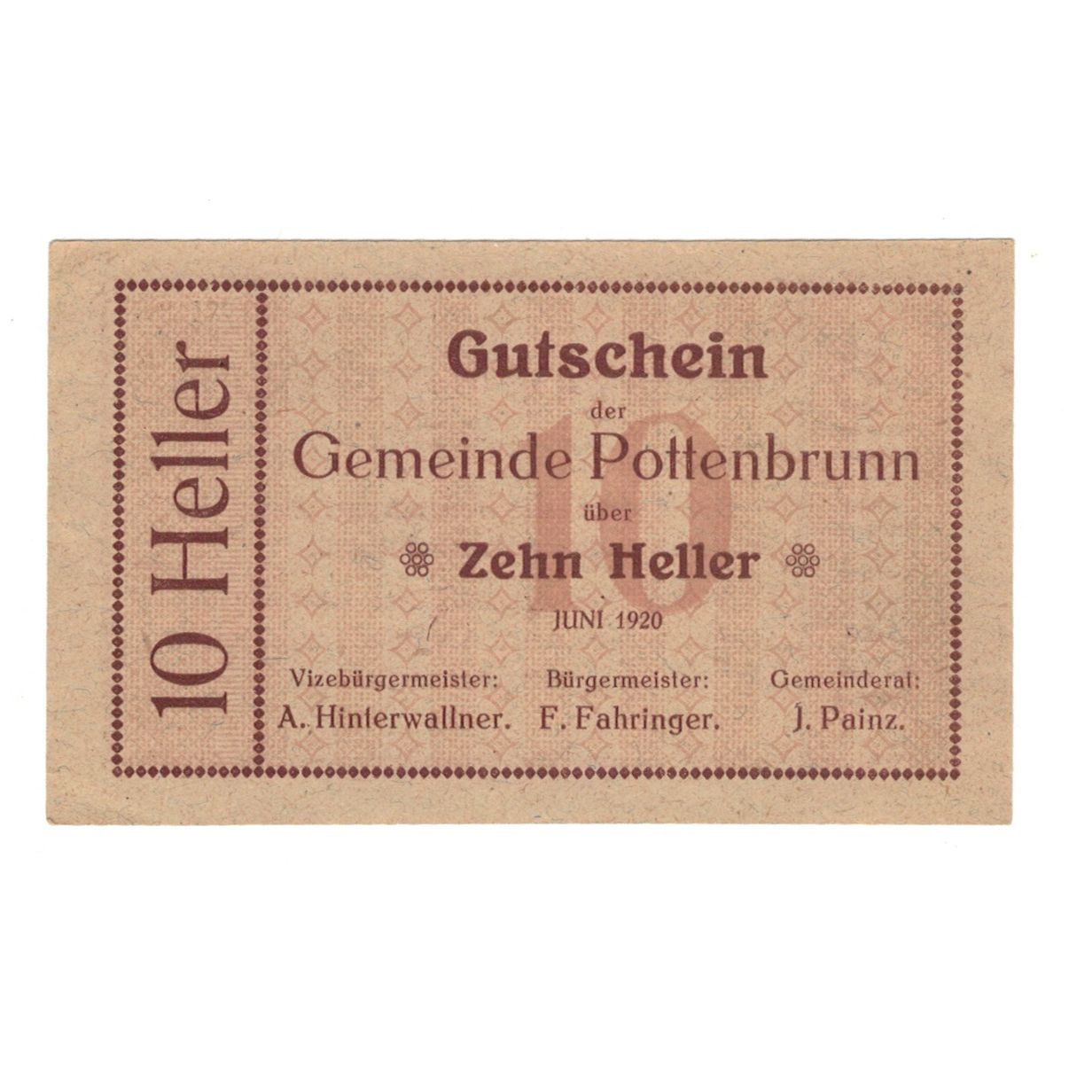 Nota, Áustria, Pottenbrunn Gemeinde, 10 Heller, Texte, 1920, 1920-12-31