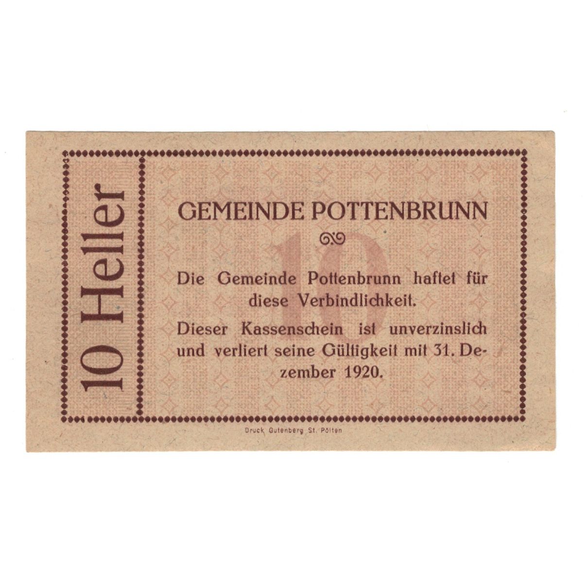 Nota, Áustria, Pottenbrunn Gemeinde, 10 Heller, Texte, 1920, 1920-12-31