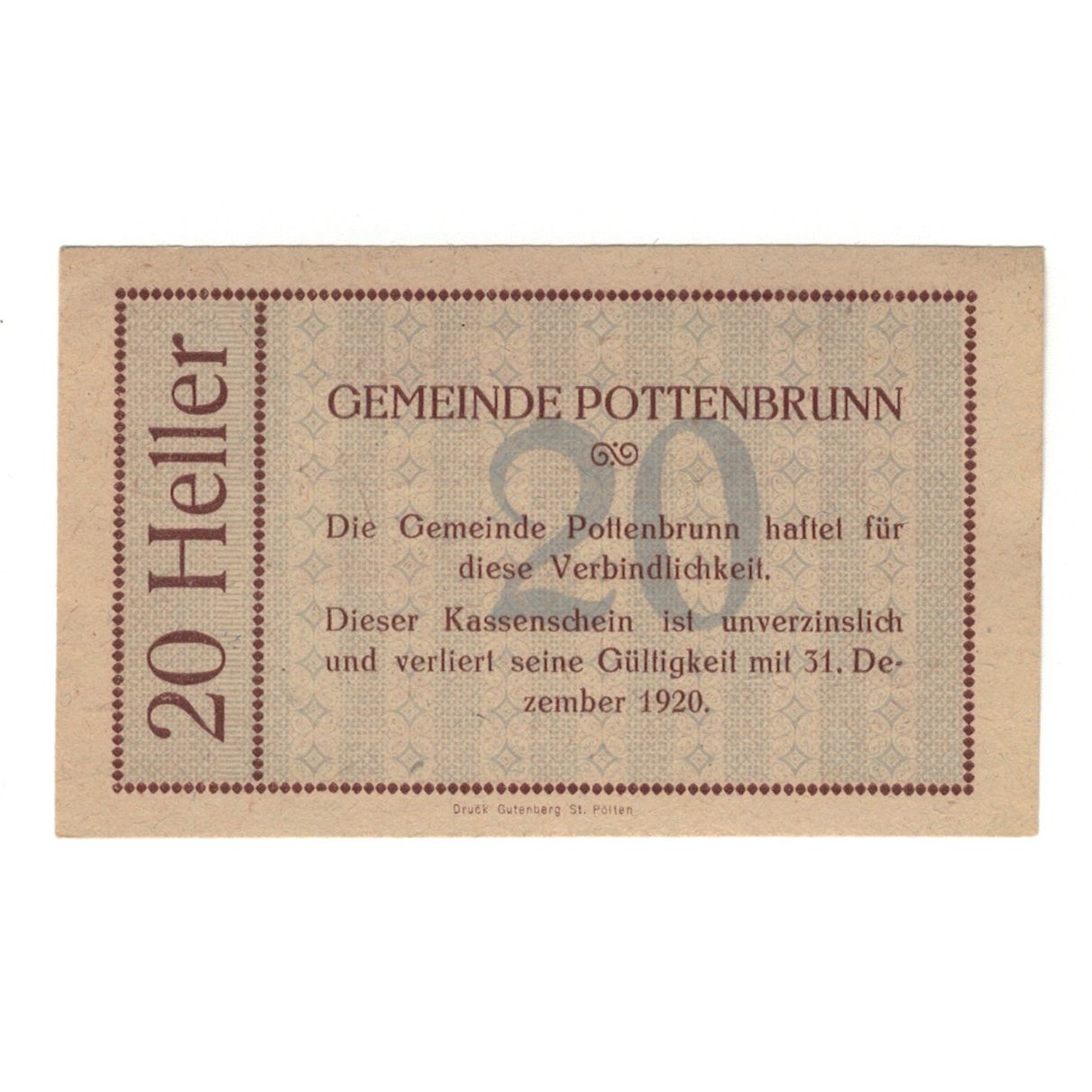 Banknote, Austria, Pottenbrunn Gemeinde, 20 Heller, Texte, 1920, 1920-12-31