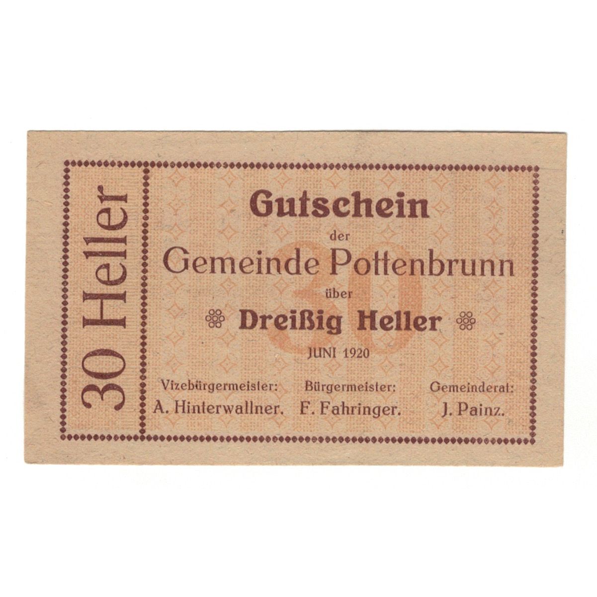Banknote, Austria, Pottenbrunn Gemeinde, 30 Heller, Texte, 1920, 1920-12-31