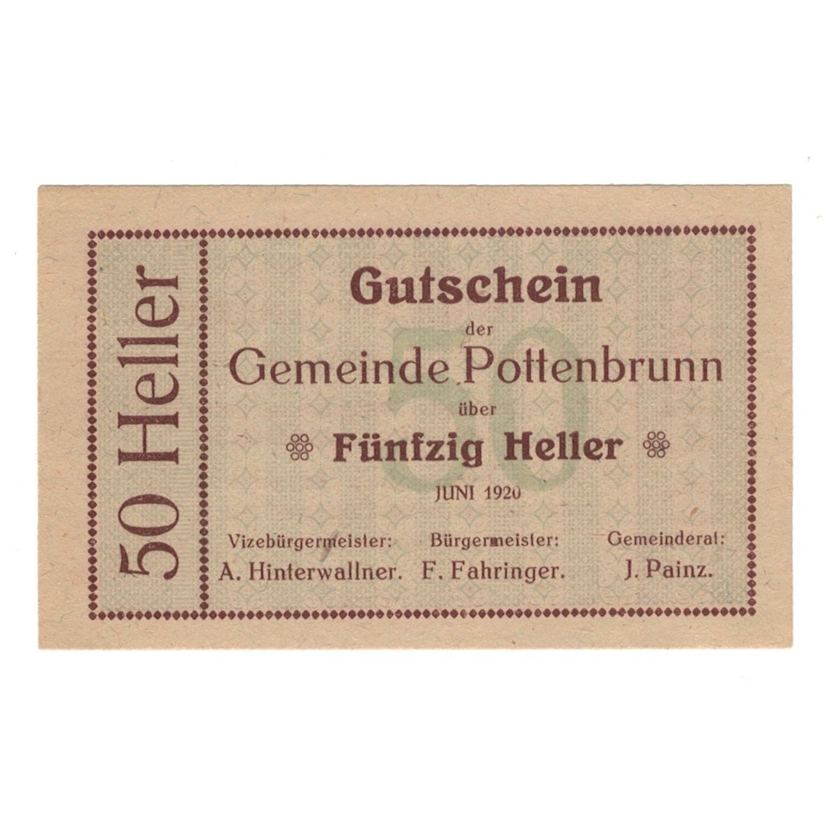 Nota, Áustria, Pottenbrunn Gemeinde, 50 Heller, Texte, 1920, 1920-12-31
