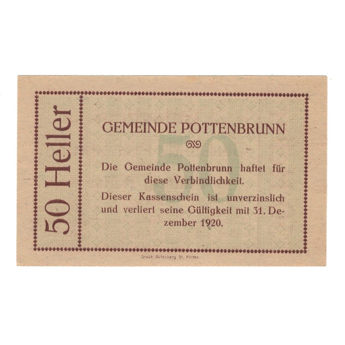 Nota, Áustria, Pottenbrunn Gemeinde, 50 Heller, Texte, 1920, 1920-12-31
