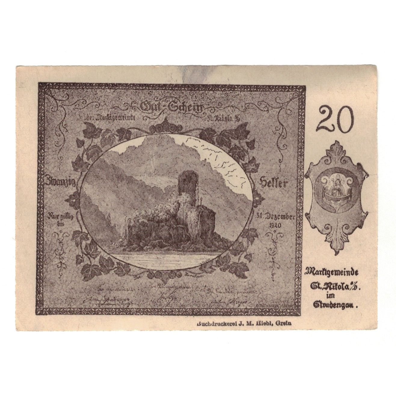 Banknote, Austria, St. Nikola a.d. Donau im Strudengau O.Ö. Marktgemeinde, 20