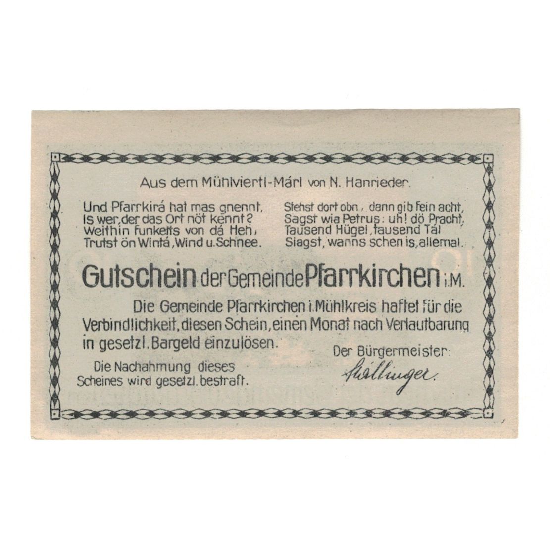 Billete, Austria, Pfarrkirchen im Mühlkreis O.Ö. Gemeinde, 10 Heller, Texte