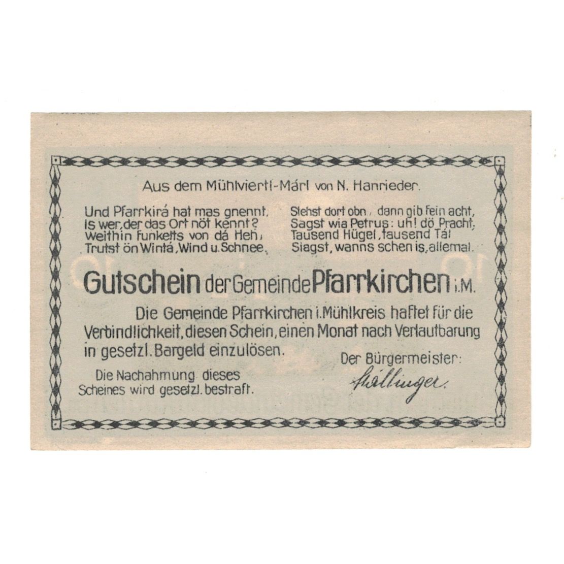 Billete, Austria, Pfarrkirchen im Mühlkreis O.Ö. Gemeinde, 10 Heller, texte 1
