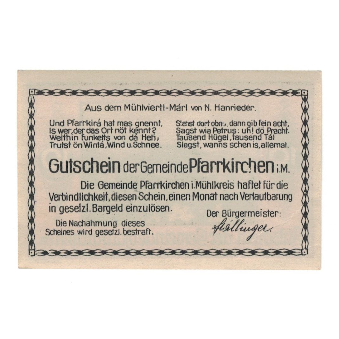 Billete, Austria, Pfarrkirchen im Mühlkreis O.Ö. Gemeinde, 10 Heller, Texte 2