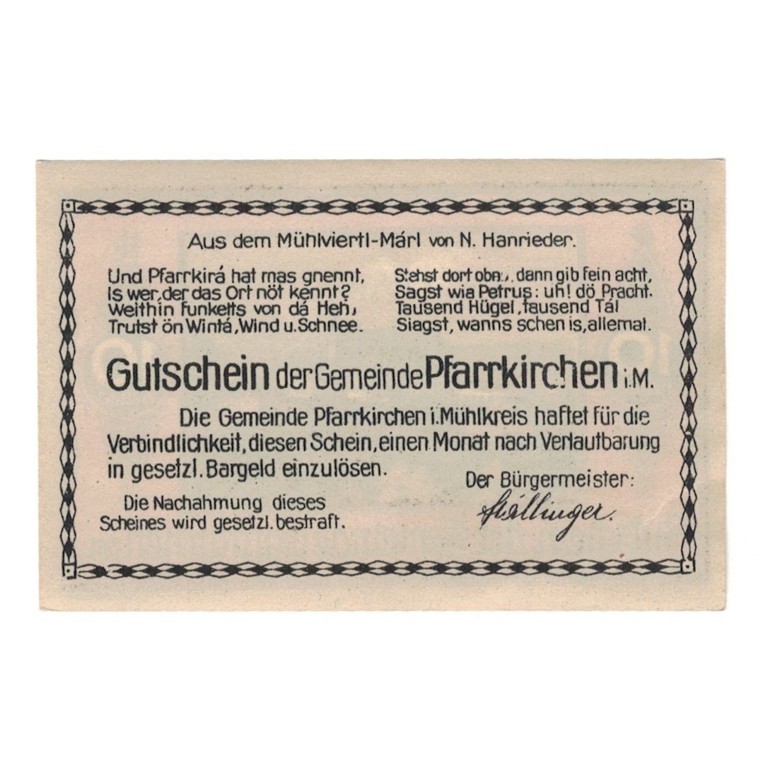 Billete, Austria, Pfarrkirchen im Mühlkreis O.Ö. Gemeinde, 10 Heller, Texte 3