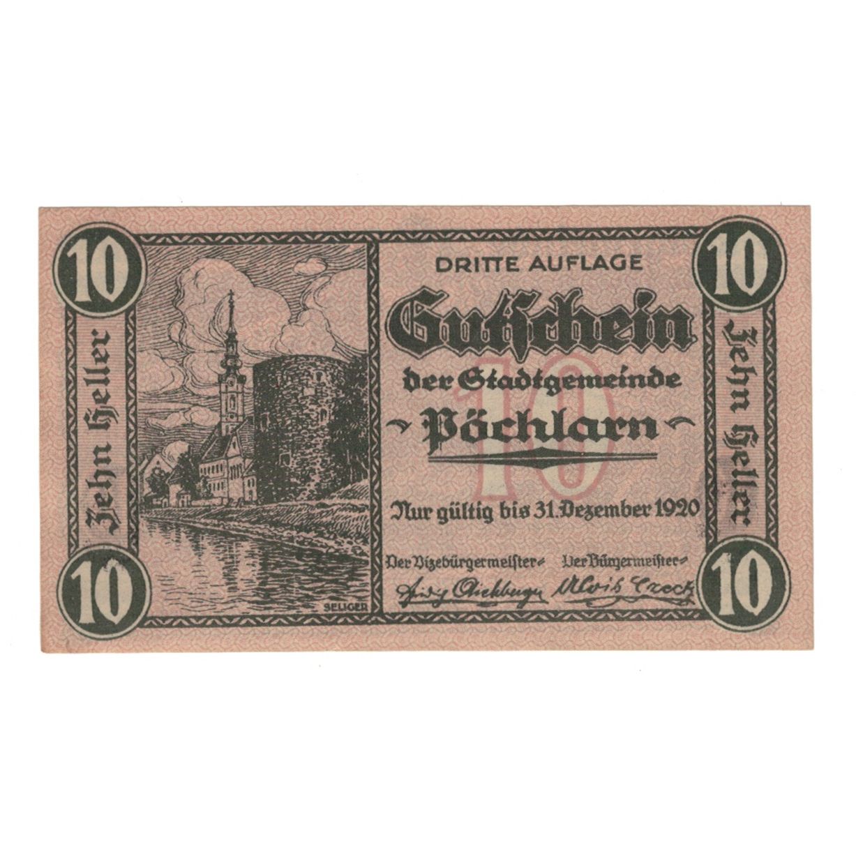 Billete, Austria, Pöchlarn N.Ö. Stadtgemeinde, 10 Heller, paysage, 1920